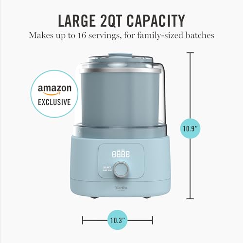 Image of Martha Stewart Ice Cream Maker, 2 Quart Double-Insulated Freezer Bowl, Sorbet & Frozen Yogurt, Ready in 20 Minutes, Mix-Ins Chute, Easy to Clean, Sky Blue