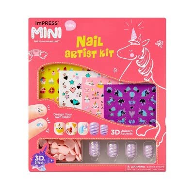KISS imPRESS MINI Nail Artist Kit for Kids, Press-On Nails Manicure Set, 20 Fake Nails, 6 Accent Nails, 4 Sticker Sheets