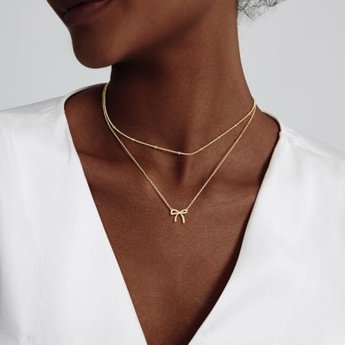 OGD Gold Necklace for Women, Bow Necklace 14K Layered Gold Necklace Dainty Bow Pendant Choker Necklace Trendy Bow Necklace Gold Chain Necklaces for Women Jewelry Gift2