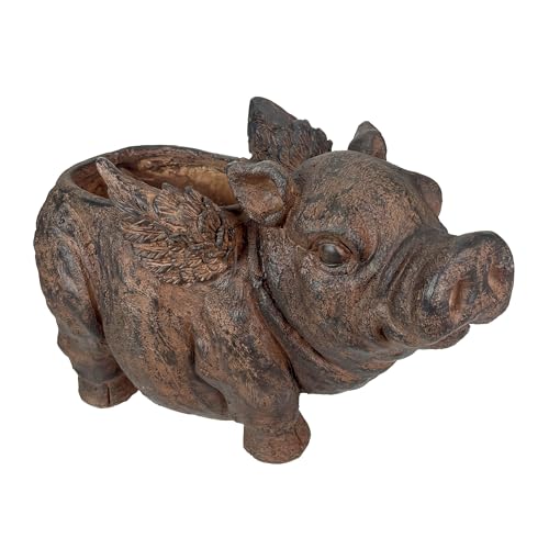 Whimsical Flying Pig Planter with Drain Hole â€“ 17 Inch Brown Magnesium Oxide Animal Planter for Succulents, Flowers, Indoor Outdoor Rustic Farmhouse Decor â€“ Weather-Resistant Pig Garden Pot