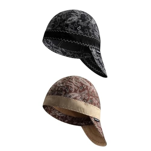 Image of Fullsheild Reversible Welding Cap Flame Resistant CAT 2 Protective FR Welder Hats 6 Pannel Lightweight Printed for Men Women Paisley Black & Brown-2pcs 7 1/4