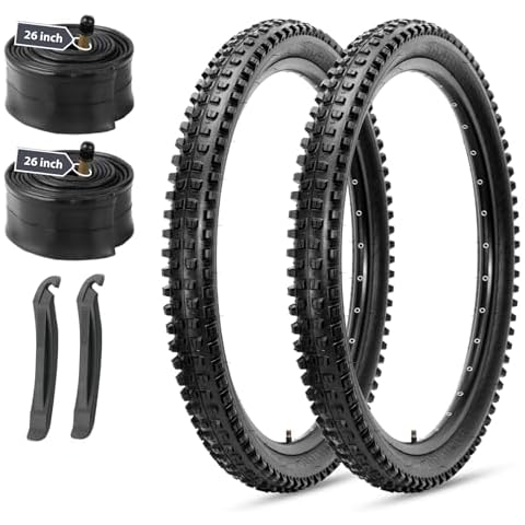 MOHEGIA Mountain Bike Tires Set: 2 Pack 26x2.4 Inch Folding Bicycle Tires Replacement and Pair 26 Inch Inner Tubes Schrader Valve with Tire Levers Cover