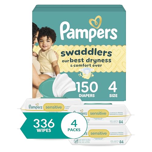 Image of Pampers Swaddlers Disposable Baby Diapers Size 4, One Month Supply (150 Count) with Sensitive Water Based Baby Wipes 4X Pop-Top Packs (336 Count) [Packaging May Vary]