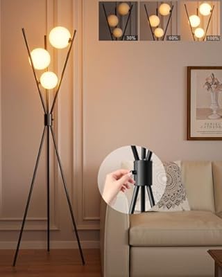 Lightdot 60IN Dimmable Black Tripod Floor Lamp Mid Century Standing Lamps with 3Pcs 3000K G9 Bulbs Globe Eye Care&Stable Base Modern Tall Lamp for Living Room Bedroom Office