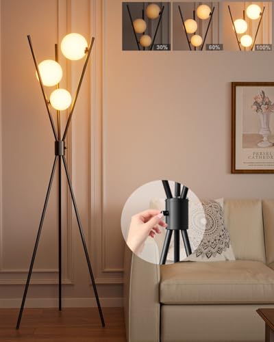 Image of 3 Globe Dimmable Tripod Floor Lamp, Mid Century Standing Lamps with 3Pcs 3000K Bulbs Included, Modern Tall Lamp for Living Room Bedroom Office-Black