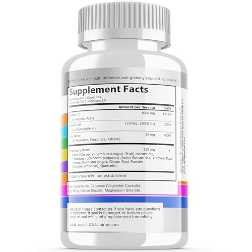 Stamiron 8 IN 1 IMMUNE SUPPORT With Quercetin Zinc 50Mg Vitamin C 1000Mg Vitamin D3 5000 Iu And Elderberry Echinacea Ginger For Adults Kids - Vit D Immunity Defense Booster Supplement Veg Capsules Made In Usa thumb #3