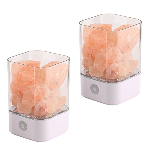 NUZAMAS Juego de 2 lámparas de sal de 5W, cristal rosa natural, roca terapéutica, pequeño mineral, 12V, luz USB, dormitorio, oficina, exterior, camping, lámpara de yoga, multicolor (cuadrado blanco)