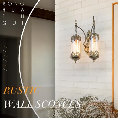 Image of Rustic Wall Sconce with Amber Glass Vintage Antique Gothic Wall Light Fixture Retro Mid Centry Lantern Wall Sconce for Bedroom, Living Room, Mirror, Brush Gold