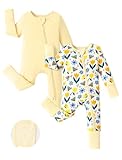 PATPAT Baby Footie Romper, viscose from bamboo, long sleeve, 2-way zipper, fold-over mittens, anti-slip grips, soft baby clothes gift for boys and girls Yellow Flower 0-3 Months