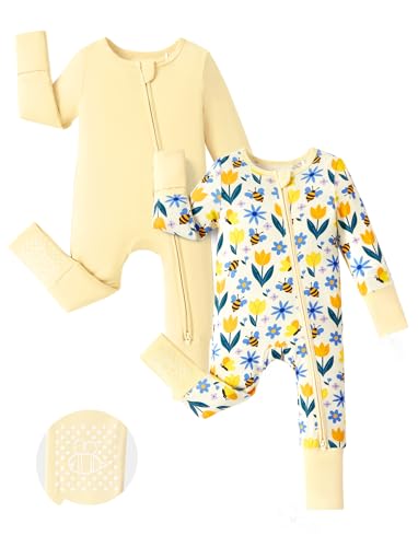 PATPAT Baby Footie Romper with Mittens for Boy and Girl, Anti-Slip & 2-Way Zipper, Long Sleeve, Viscose from Bamboo，Daily Gift Yellow Flower 12-18M