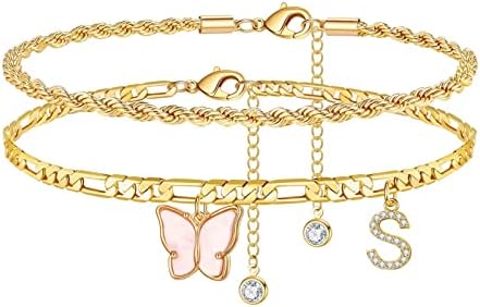 Ankle Bracelets for Women, 14K Gold Plated Ankle Bracelets Butterfly Anklet Letter S Initial Anklet Gold Anklet for Women Dainty Ankle Bracelets for Women Teen Girls Summer Jewelry Gifts