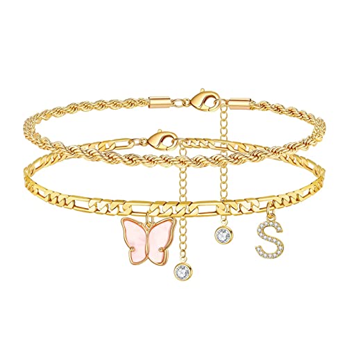 Ankle Bracelets For Women, 14K Gold Plated Ankle Bracelets Butterfly Anklet Letter S Initial Anklet Gold Anklet For Women Dainty Ankle Bracelets For Women Teen Girls Summer Jewelry Gifts #TOP7