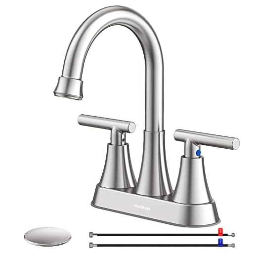 Bathroom Faucets for Sink 3 Hole, Hurran 4 inch Brushed Nickel Bathroom Sink Faucet with Pop-up Drain and Supply Lines, Stainless Steel Centerset Faucets for Sink Vanity RV