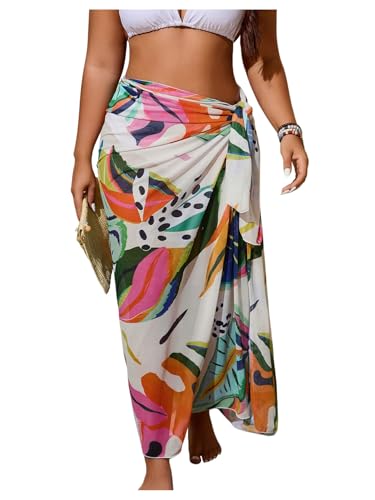 Women's Plus Size Tropical Wrap Beach Skirts Sheer Mesh Knot Side Maxi Bathing Suit Cover Up Sarong