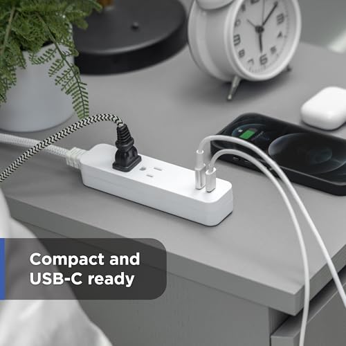 Protector eléctrico GE, 2 tomas, 245J, 2 USB-C, 12W, 16AWG, Cable trenzado, Enchufe plano, 1.22 m, Blanco, Modelo 85780 miniatura 6