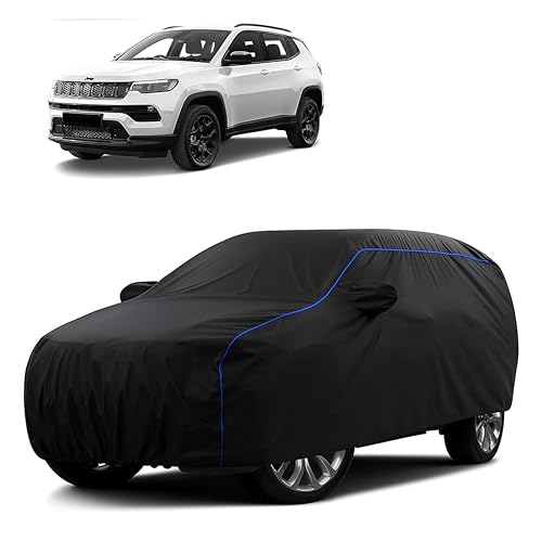 Image of Sulfar 100% Water Resistant Car Body Cover Compatible with Mirror for Jeep Compass (Triple Stitched, Full Bottom Elastic, Black Tafetta with Blue Piping)