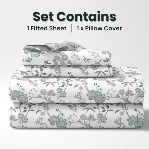 Image of LORETO - A QUALITY LINEN BRAND 144 TC 100% Pure Cotton Single Fitted Bedsheet with 1 Pillow Cover for 72 x 36 Inch Mattress, All-Around Elastic, 8 Inch Deep Pocket, Sage Green & Silver Blooms
