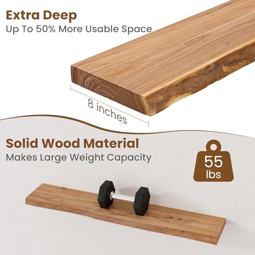 Image of Floating Shelves for Wall Decor, Rustic Solid Elm Wood Live Edge Floating Shelves Wall Mounted, Wall Shelves with Invisible Bracket for Living Room Bathroom Bedroom Kitchen, 40 Inch Set of 1, Natural