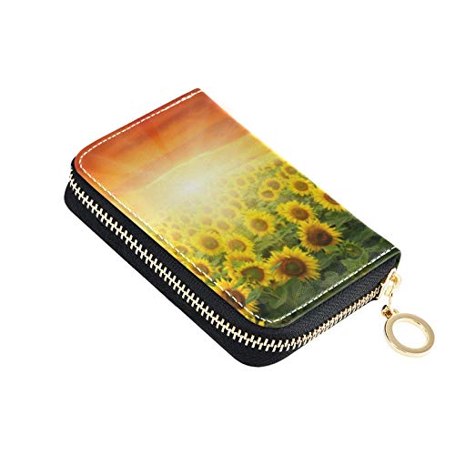 OTVEE Sunflower Field Sunset RFID Credit Card Wallet, Microfiber Leather Zipper Card Case Holder for Women