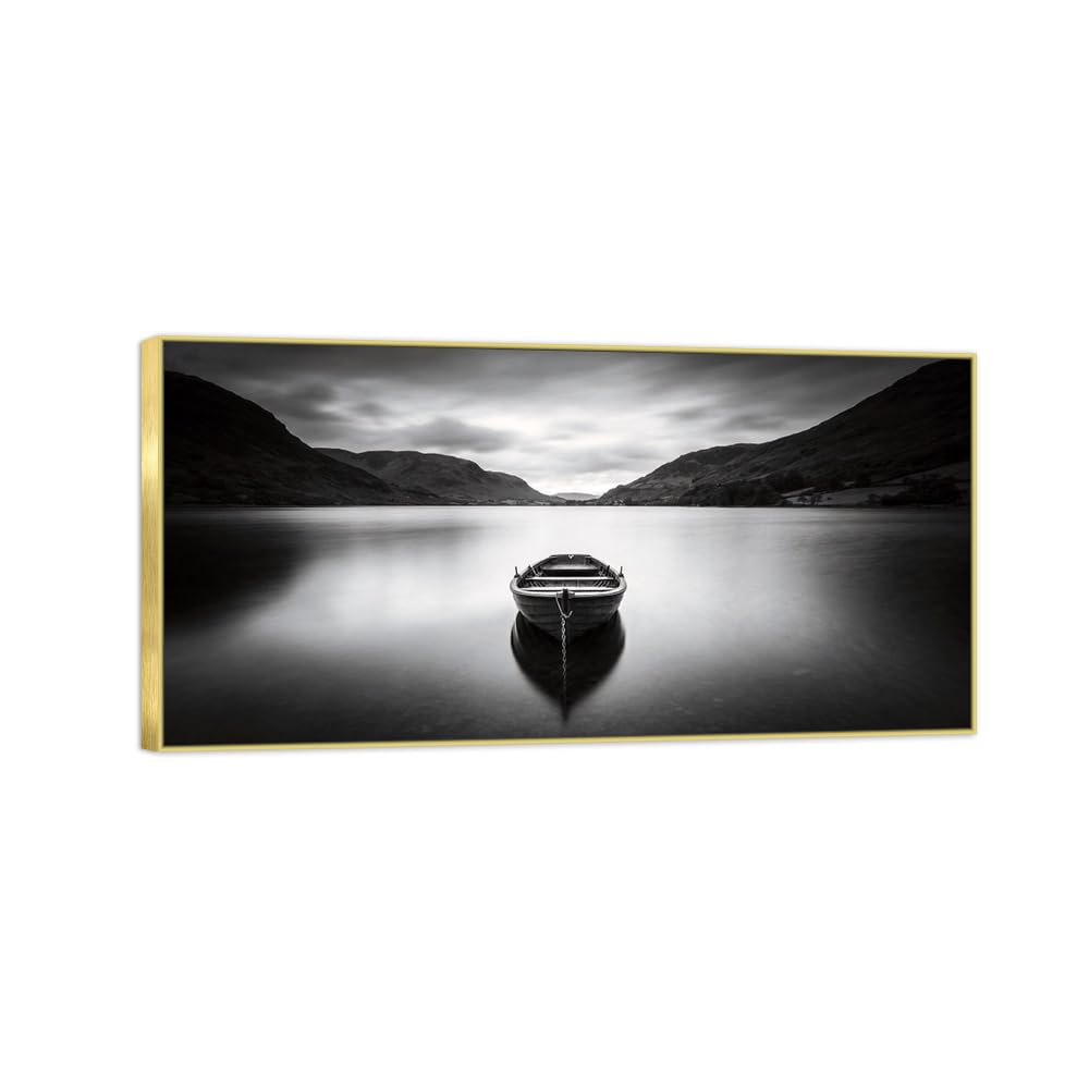 OZPWBVY Lake Boat 4 Black White Landscape Canvas Picture 30x60cm Gold Frame
