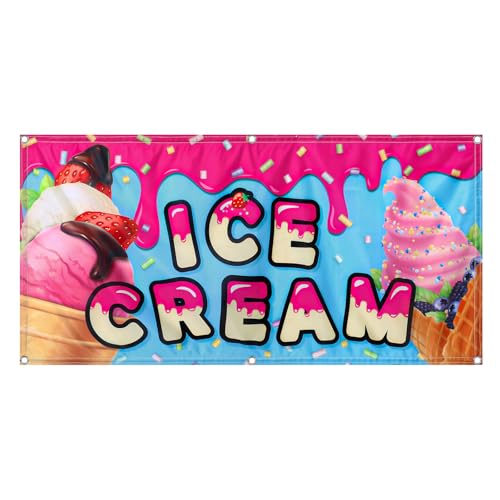 Tudomro 2x4 Feet Ice Cream Banner Sign Polyester Fabric Ice Cream Feather Flag for Summer Outdoor Advertisement Business Decor