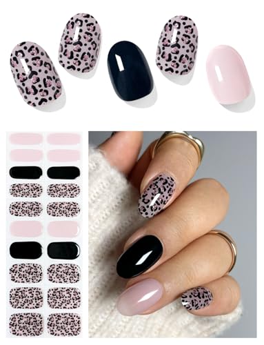 AutyaMee Semi Cured Gel Nail Strips (Pink Leopard), Purple, 20 Pcs Gel Nail Wraps, Stickers, Salon Quality, Long Lasting, Works with Any UV Lamps