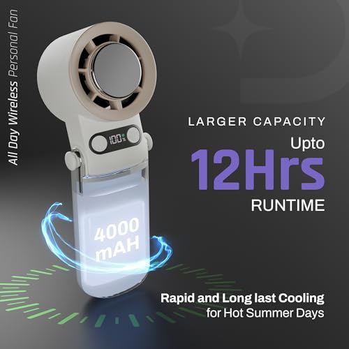 Image of Domestica Flo Hand Fan Rechargeable | 20000 RPM with IcyTouch | 4,000 mAh Battery- Upto 12H | 3-in-1 Hand, Neck & Desk Fan | Portable,180 Foldable Design | For Travel, Office, Makeup | Vanilla Pearl