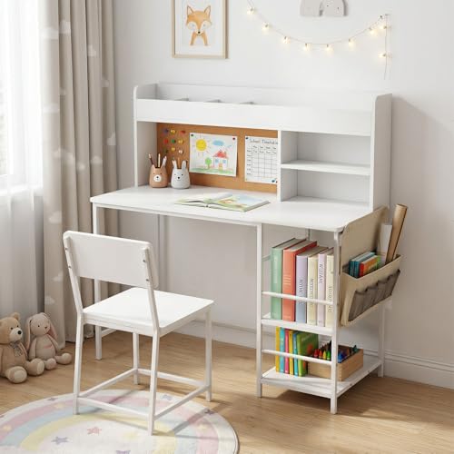 DHZ Kids Desk and Chair Set with Storage, Children Study Table with Bulletin Board, Side Pouch Organizer for Art Supplies, Kids Study Desk with Hutch for 5-12 Homework, Reading, Art Activities