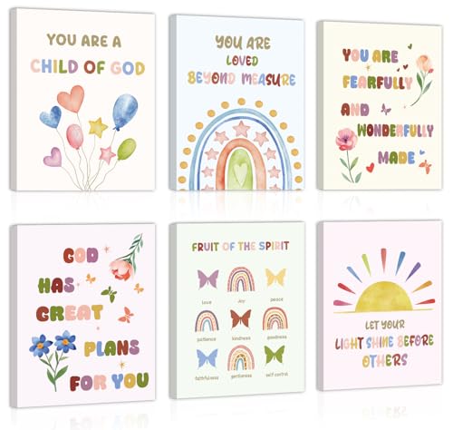 Image of CHDITB Christian Bible Verse Framed Canvas Wall Art, Scripture Painting, Religious Rainbow Wall Decor, Boho Child of God Poster, Faith Fruit of the Spirit Art Print For Nursery Kid Room Decor 8 inchX10 inchx6