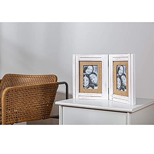 Distressed Hinged Double Picture Photo Frame 4X6 With Burlap Rim For Home Office Desk, Gift For Halloween, Thanks Giving Day, Birthday, Anniversary, Christmas, New Year, Mother's Day, White #TOP5