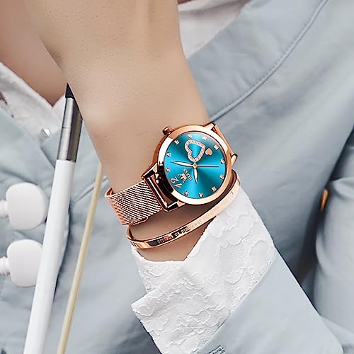 Image of OLEVS Rose Gold Watch for Women Mesh Strap Fashion Dress Hearts Japanese Quartz Waterproof Luminous Ladies Watches Bracelet Sets