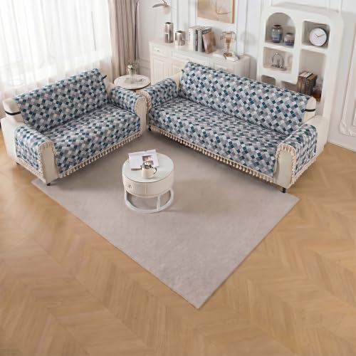Image of Story@Home Sofa Set 5 Seater Cover Full | Sofa Covers 3 Seater and 2 Seater - 3+2 Sofa Cover Configuration | Sofa Mat with Sofa Back Covers and ArmRest Covers - Grey & Cyan