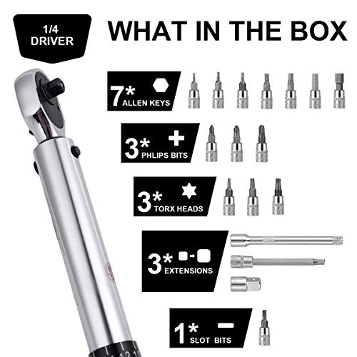 Bike Torque Wrench Set - 2 to 20 Nm – 1/4 Inch Driver Pro MTB Bicycle Maintenance Torque Wrench Kit Tool for Road Mountain Bikes Motorcycle Multitool