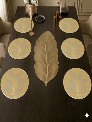 Image of Dakshya Industries PVC Waterproof Round Table Placemat & Table Runner Combo Set | 6 Round Table Mats (38 x 38 cm) + 1 Table Runner | Heat Resistant, Washable, Non Slip Dining Table Decor (Orlina)