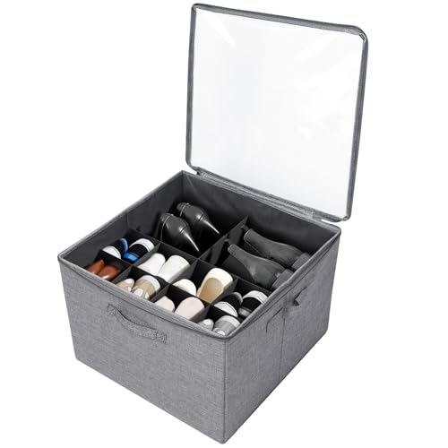 Lrocotanc Organizador Zapatos Armario,Cajas Para Zapatos con 16 Compartimentos Ajustables, Organizador Armario para Calzado con Tapa Transparente y Asas (Gris)