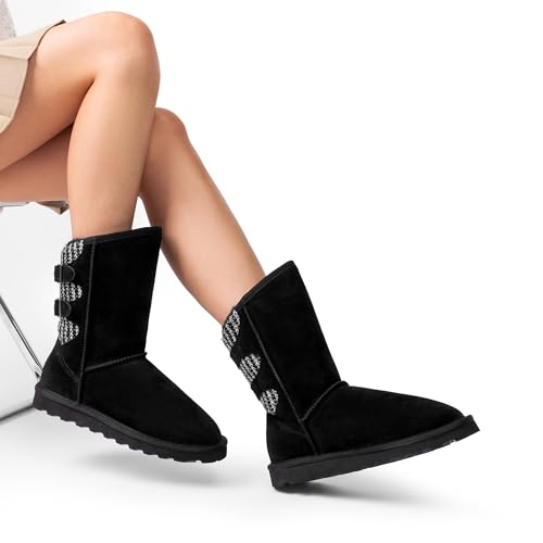 DREAM PAIRS Women's Mid Calf Winter Snow Boots Fashion FuzzyChic Buckle Booties,Size 12,Black,SWEATY-BUCKLE