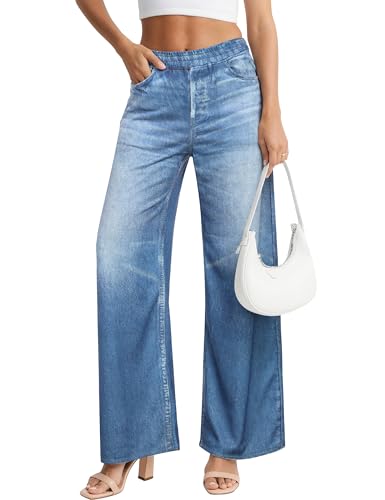 EUYZOU Women's Wide Leg Trendy Jeans Terry Look Like Denim High Waisted Baggy Loose Elastic Waist Pants with Pocket, Blue M