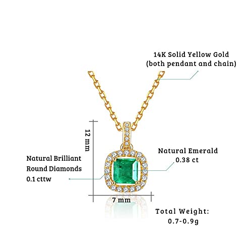 Carleen 14K Solid Yellow Gold May Birthstone 0.38CT Square Green Emerald 0.1CTTW White Diamond Small Dainty Multi-Gemstone Halo Pendant Necklace Fine Jewelry Valentines Day Gifts for Women, 18 Inch2