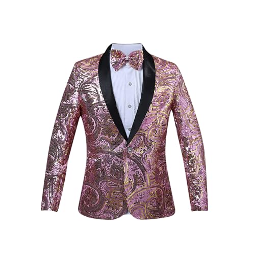 Mens Sparkly Sequin Slim Fit Suit Jacket Shawl Lapel Blazer Lightweight One Button Sport Coat with Bow Tie