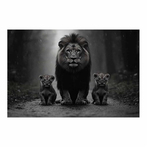 Impression sur toile lion noir et blanc décoration murale salon forêt pluvieuse 70x100