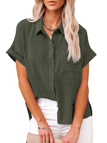 Womens Cotton Linen Button Down Shirts Short Sleeve Dress Shirts Casual Summer Tops Blouses with Pockets