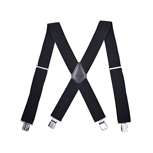 HQHAOTWU Mens Braces Suspenders Heavy Duty Trouser Suspenders X-Shape Adjustable with 4 Clips Black 2 inch