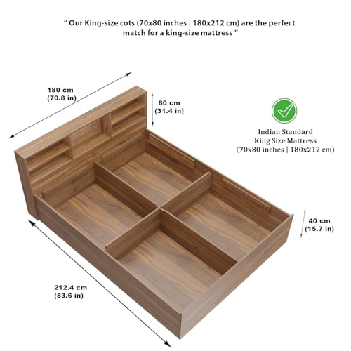 Image of VIKI Utility King Size Bed with Storage (70x80) | Engineered Wood Bed Frame for Bedroom | Modern Box Storage Cot | Brussel Walnut Finish | Free Assembly | 1 Year Warranty