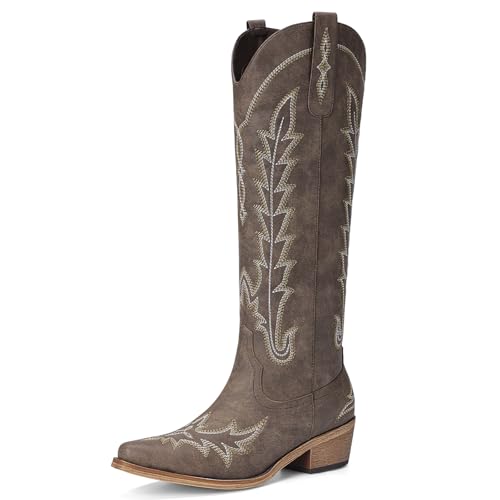 Image of Rivalran Cowboy Boots for Women - Knee High Pointed Toe Chunky Heel Pull On Zipper Western Cowgirl Boots, Retro Country Vintage Fashion Tall Boots
