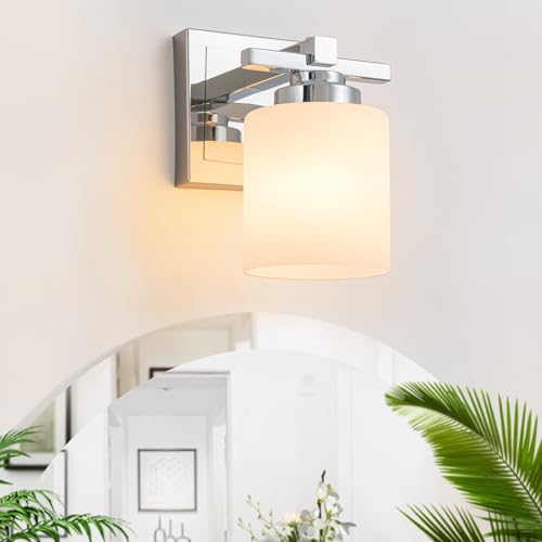 BrkNit 1 Light Modern Bathroom Light Fixtures Over Mirror, Chrome Vanity Lights for Bathroom Wall Sconces with Milky White Glass Shades, E26 Socket (Bulbs Not Included) by BrkNit - Used condition - CA$47.87