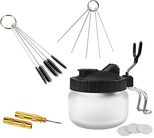 Airbrush Spray Gun Wash Cleaning Tools Airbrush Cleaner Set,Needle Nozzle Brush Glass Cleaning Pot Holder，Cleaning Pot with Holder, 5 pc Cleaning Brushes, 5 pc Cleaning Pick, 1 Wash Needle