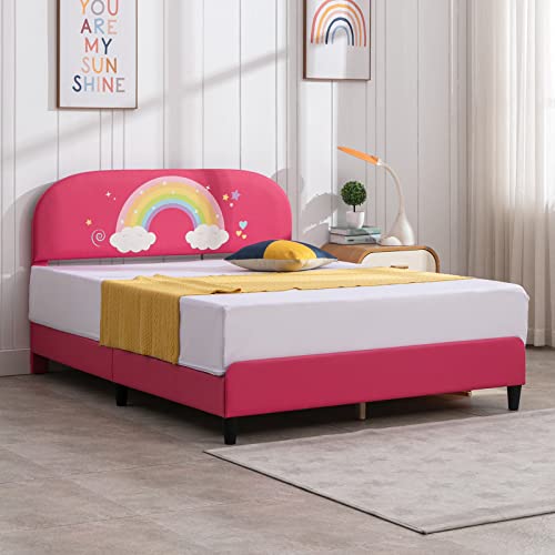 Cuoote Kids Twin Size Bed Frame W/Headboard, Faux Leather Upholstered Twin Bed Platform W/Slat Support, No Box Spring Needed, Pink Wooden Bed For Girls, Rainbow Design #TOP2