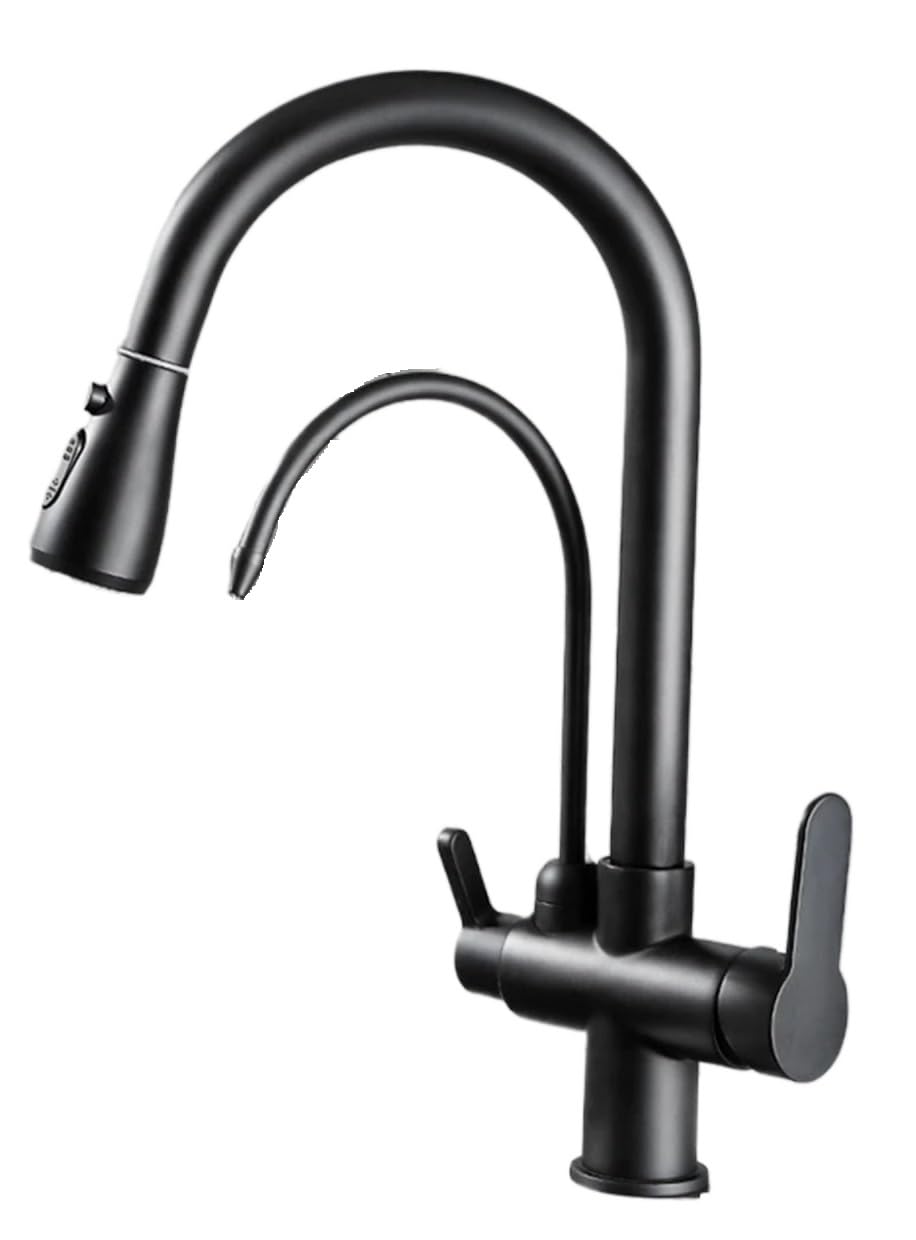 Grifo de Cocina con Sensor táctil Negro, grifos extraíbles for Fregadero, Mezclador frío y Caliente, Grifo de Agua Pura, grifos montados en Cubierta, Doble manija(Black Chrome NO Sen)