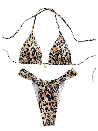 Women's Leopard Print High Cut Swimsuits 2 Piece Tie Backless Halter Triangle Bikini Set Cheetah Bathing Suits