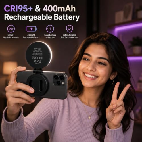 Image of Magnetic Selfie Light for Phone - Foldable Light with 180 Rotation, Comes with Adhesive Metal Ring for Android, 3 Color Modes for Night Shoots, Vlogs, Reels & Video Calls (Black)